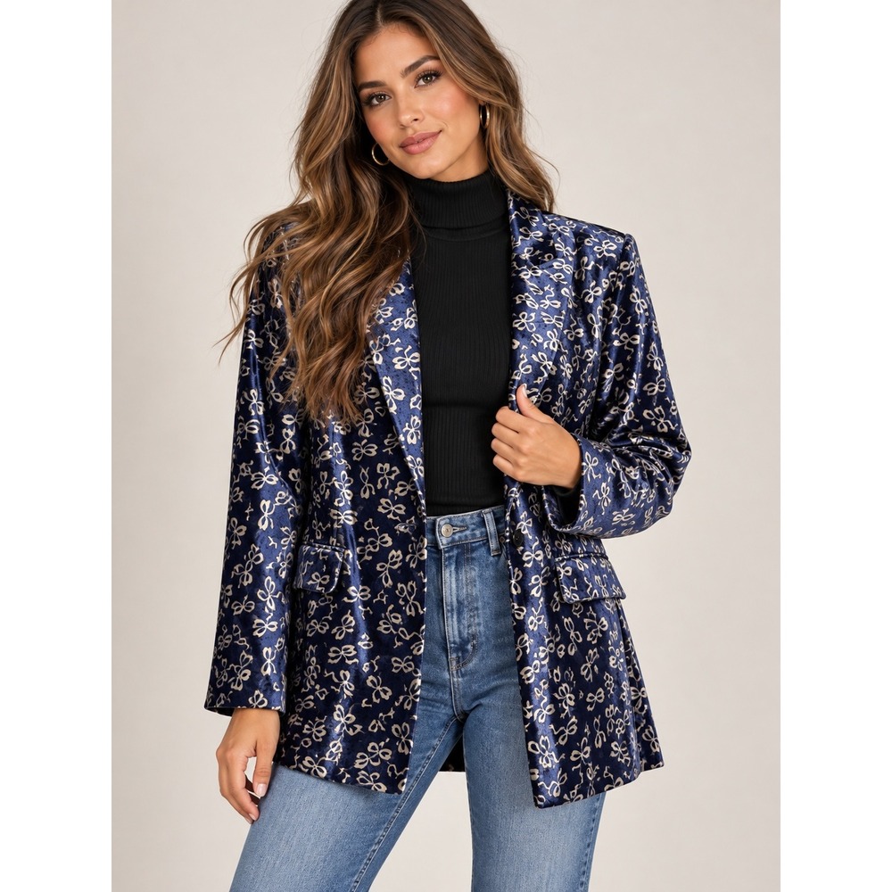 Maeve Anthropologie Blue Velvet Bow Burnout Blazer Jacket XL OB2078240